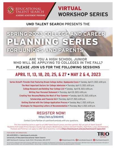 SPRING 2023 COLLEGE AND CAREER PLANNING SERIES FOR JUNIORS AND PARENTS - Flyer