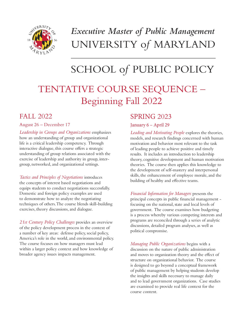 School of Public Policy • Executive Master of Public Management • Fall 2022 Tentative Course Sequence -- Booklet Flyer